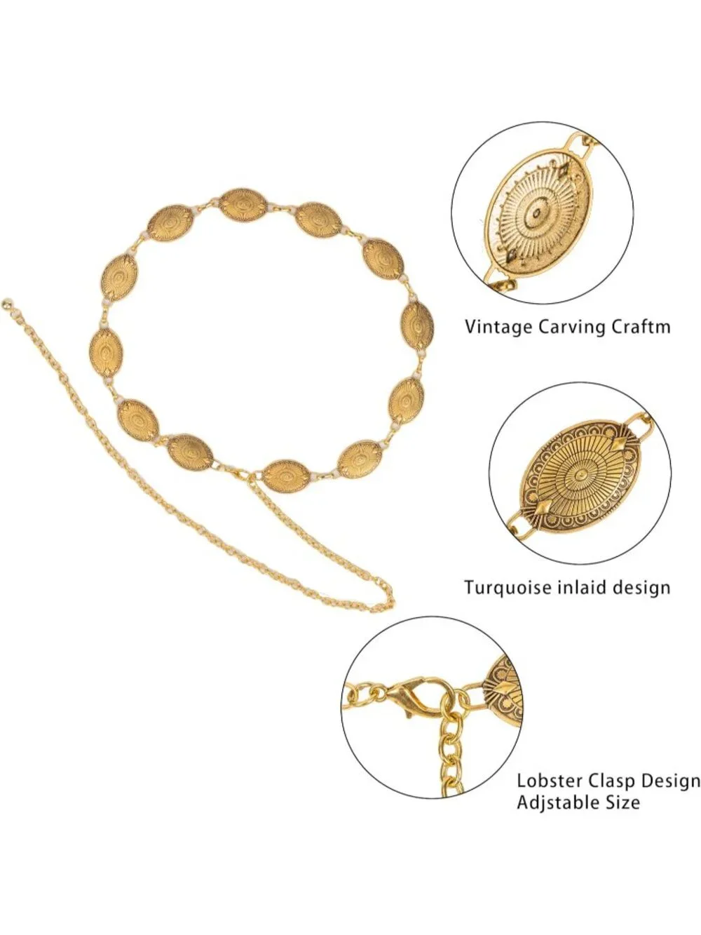 Women's Solid Golden Metal Belt Concho Belt Cowgirl Boho Vintage Chain Belt